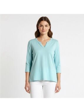 LANDS’ END Turquoise Split Vee Neck Tee 100% Cotton MADE IN PERU Sz M